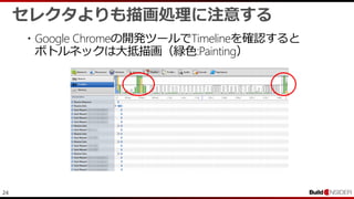 24
セレクタよりも描画処理に注意する
・Google Chromeの開発ツールでTimelineを確認すると
ボトルネックは大抵描画（緑色:Painting）
 