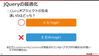 34
jQueryの最適化
・jQueryオブジェクトの生成
○
×
速いのはどっち？
※ただしgetElementsByClassNameが実装されていないブラウザの場合はBが速い
スマホの場合はA
 