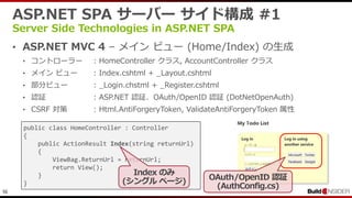 16
ASP.NET SPA サーバー サイド構成 #1
Server Side Technologies in ASP.NET SPA
• ASP.NET MVC 4 – メイン ビュー (Home/Index) の生成
• コントローラー : HomeController クラス, AccountController クラス
• メイン ビュー : Index.cshtml + _Layout.cshtml
• 部分ビュー : _Login.chstml + _Register.cshtml
• 認証 : ASP.NET 認証、OAuth/OpenID 認証 (DotNetOpenAuth)
• CSRF 対策 : Html.AntiForgeryToken, ValidateAntiForgeryToken 属性
public class HomeController : Controller
{
public ActionResult Index(string returnUrl)
{
ViewBag.ReturnUrl = returnUrl;
return View();
}
}
Index のみ
(シングル ページ) OAuth/OpenID 認証
(AuthConfig.cs)
 
