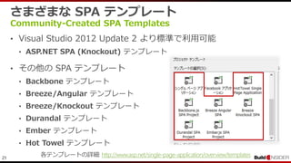 21
さまざまな SPA テンプレート
Community-Created SPA Templates
• Visual Studio 2012 Update 2 より標準で利用可能
• ASP.NET SPA (Knockout) テンプレート
• その他の SPA テンプレート
• Backbone テンプレート
• Breeze/Angular テンプレート
• Breeze/Knockout テンプレート
• Durandal テンプレート
• Ember テンプレート
• Hot Towel テンプレート
各テンプレートの詳細: http://www.asp.net/single-page-application/overview/templates
 