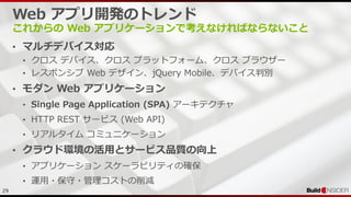 29
Web アプリ開発のトレンド
これからの Web アプリケーションで考えなければならないこと
• マルチデバイス対応
• クロス デバイス、クロス プラットフォーム、クロス ブラウザー
• レスポンシブ Web デザイン、jQuery Mobile、デバイス判別
• モダン Web アプリケーション
• Single Page Application (SPA) アーキテクチャ
• HTTP REST サービス (Web API)
• リアルタイム コミュニケーション
• クラウド環境の活用とサービス品質の向上
• アプリケーション スケーラビリティの確保
• 運用・保守・管理コストの削減
 