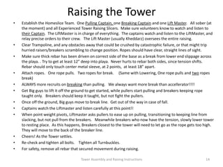 Raising the Tower
• Establish the Homeslice Team. One Pulling Captain, one Breaking Captain and one Lift Master. All sober (at
the moment) and all Experienced Tower Raising Slicers. Make sure volunteers know to watch and listen to
their Captain. The LiftMaster is in charge of everything. The captains watch and listen to the LiftMaster, and
relay precise orders to their crew. The Lift Master (usually Kheddarz) oversees the entire raising.
• Clear Trampoline, and any obstacles away that could be crushed by catastrophic failure, or that might trip
hurried raisers/breakers scrambling to change position. Ropes should have clear, straight lines of sight.
• Make sure thick rebar has been driven on correct side of the base as a break from lower end slippage across
the playa. . Try to get at least 12” deep into playa. Never hurts to rebar both sides, since tension shifts.
Rebar should only touch center metal sleeve, at 2 points, at least 18” apart.
• Attach ropes. One rope pulls. Two ropes for break. (Same with Lowering, One rope pulls and two ropes
break)
• ALWAYS more recruits on breaking than pulling. We always want more break than accellerator!!!!
• Get Big guys to lift it off the ground to get started, while pullers start pulling and breakers keeping rope
taught only. Breakers should keep it taught, but not fight the pullers.
• Once off the ground, Big guys move to break line. Get out of the way in case of fall.
• Captains watch the Liftmaster and listen carefully at this point!!
• When point weight pivots, Liftmaster asks pullers to ease up on pulling, transitioning to keeping line from
slacking, but not pull from the breakers. Meanwhile breakers who now have the tension, slowly lower tower
to resting place. As this happens, Breakers closest to the tower will need to let go as the rope gets too high.
They will move to the back of the breaker line.
• Cheers! As the Tower settles.
• Re-check and tighten all bolts. Tighten all Turnbuckles.
• For safety, remove all rebar that secured movement during raising.
Tower Assembly and Raising Instructions 14
 