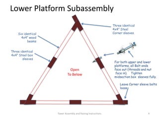 Lower Platform Subassembly
Open
To Below
Six identical
4x4” wood
beams
Three identical
4x4” Steel box
sleeves
Three identical
4x4” Steel
Corner sleeves.
Tower Assembly and Raising Instructions 4
For both upper and lower
platforms, all Bolt ends
face out (threads and nut
face in). Tighten
midsection box sleeves fully.
Leave Corner sleeve bolts
loose
 