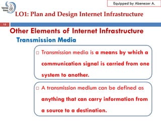 LO1: Plan and Design Internet Infrastructure
Equipped by Abenezer A.
Transmission Media
 Transmission media is a means by which a
communication signal is carried from one
system to another.
 A transmission medium can be defined as
anything that can carry information from
a source to a destination.
15
Other Elements of Internet Infrastructure
 