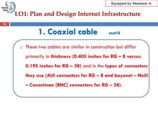 LO1: Plan and Design Internet Infrastructure
Equipped by Abenezer A.
1. Coaxial cable cont’d
 These two cables are similar in construction but differ
primarily in thickness (0.405 inches for RG – 8 versus
0.195 inches for RG – 58) and in the types of connectors
they use (AUI connectors for RG – 8 and bayonet – Neill
– Concelman [BNC] connectors for RG – 58).
26
 
