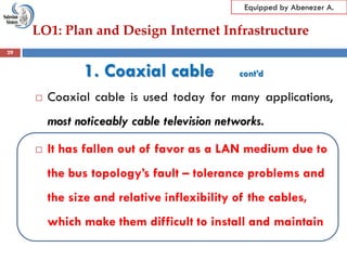 LO1: Plan and Design Internet Infrastructure
Equipped by Abenezer A.
1. Coaxial cable cont’d
 Coaxial cable is used today for many applications,
most noticeably cable television networks.
 It has fallen out of favor as a LAN medium due to
the bus topology’s fault – tolerance problems and
the size and relative inflexibility of the cables,
which make them difficult to install and maintain
29
 