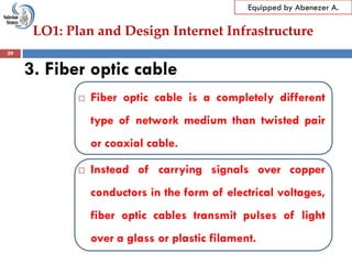 LO1: Plan and Design Internet Infrastructure
Equipped by Abenezer A.
3. Fiber optic cable
 Fiber optic cable is a completely different
type of network medium than twisted pair
or coaxial cable.
 Instead of carrying signals over copper
conductors in the form of electrical voltages,
fiber optic cables transmit pulses of light
over a glass or plastic filament.
39
 