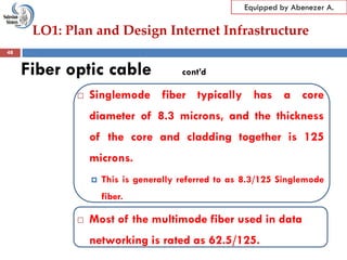 LO1: Plan and Design Internet Infrastructure
Equipped by Abenezer A.
Fiber optic cable cont’d
 Singlemode fiber typically has a core
diameter of 8.3 microns, and the thickness
of the core and cladding together is 125
microns.
 This is generally referred to as 8.3/125 Singlemode
fiber.
 Most of the multimode fiber used in data
networking is rated as 62.5/125.
48
 