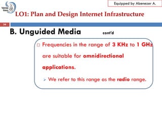 LO1: Plan and Design Internet Infrastructure
Equipped by Abenezer A.
B. Unguided Media cont’d
 Frequencies in the range of 3 KHz to 1 GHz
are suitable for omnidirectional
applications.
 We refer to this range as the radio range.
54
 