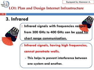 LO1: Plan and Design Internet Infrastructure
Equipped by Abenezer A.
3. Infrared
 Infrared signals with frequencies ranges
from 300 GHz to 400 GHz can be used for
short range communication.
 Infrared signals, having high frequencies,
cannot penetrate walls.
 This helps to prevent interference between
one system and another.
70
 