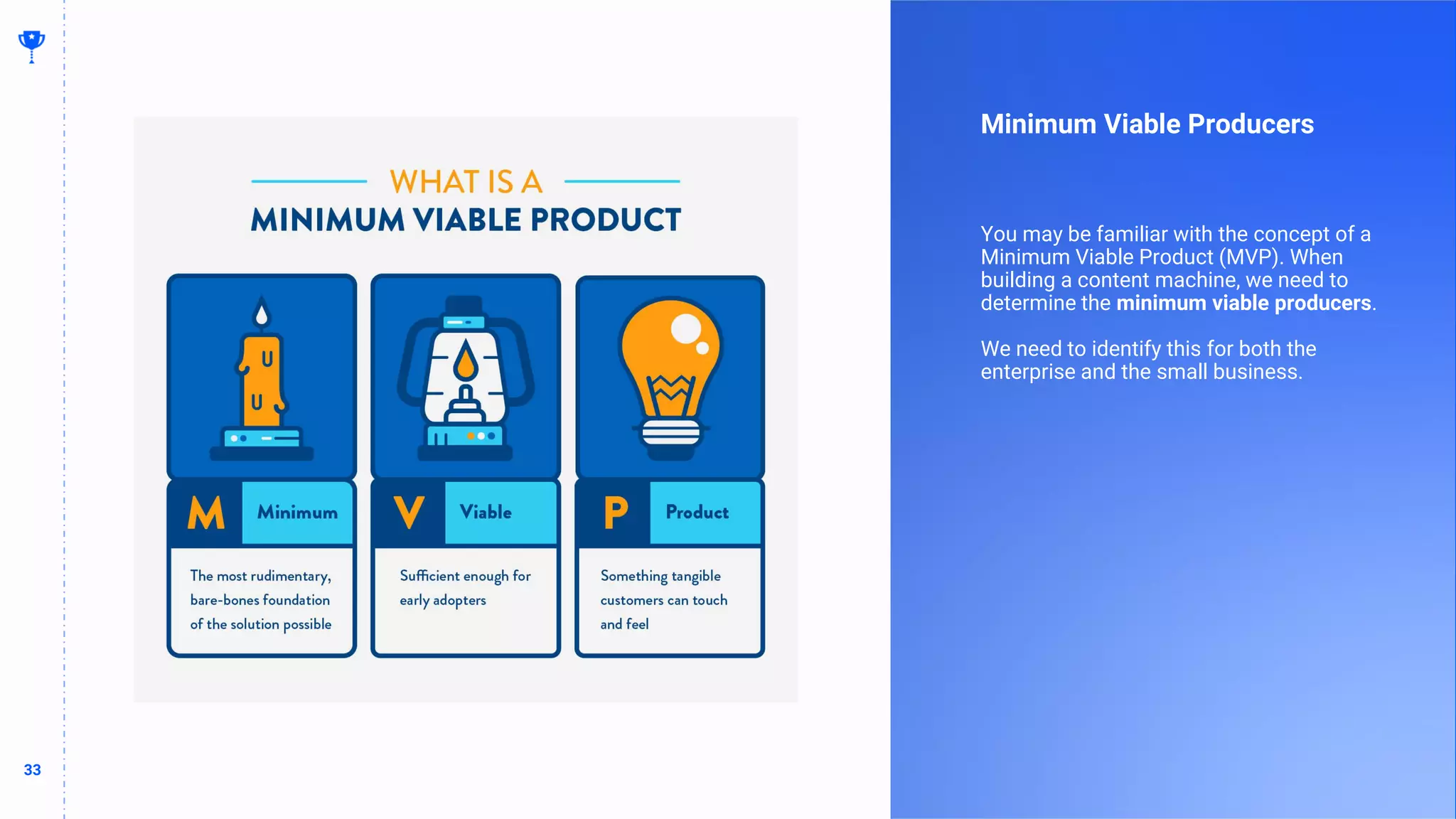 33
33
Minimum Viable Producers
You may be familiar with the concept of a
Minimum Viable Product (MVP). When
building a content machine, we need to
determine the minimum viable producers.
We need to identify this for both the
enterprise and the small business.
 