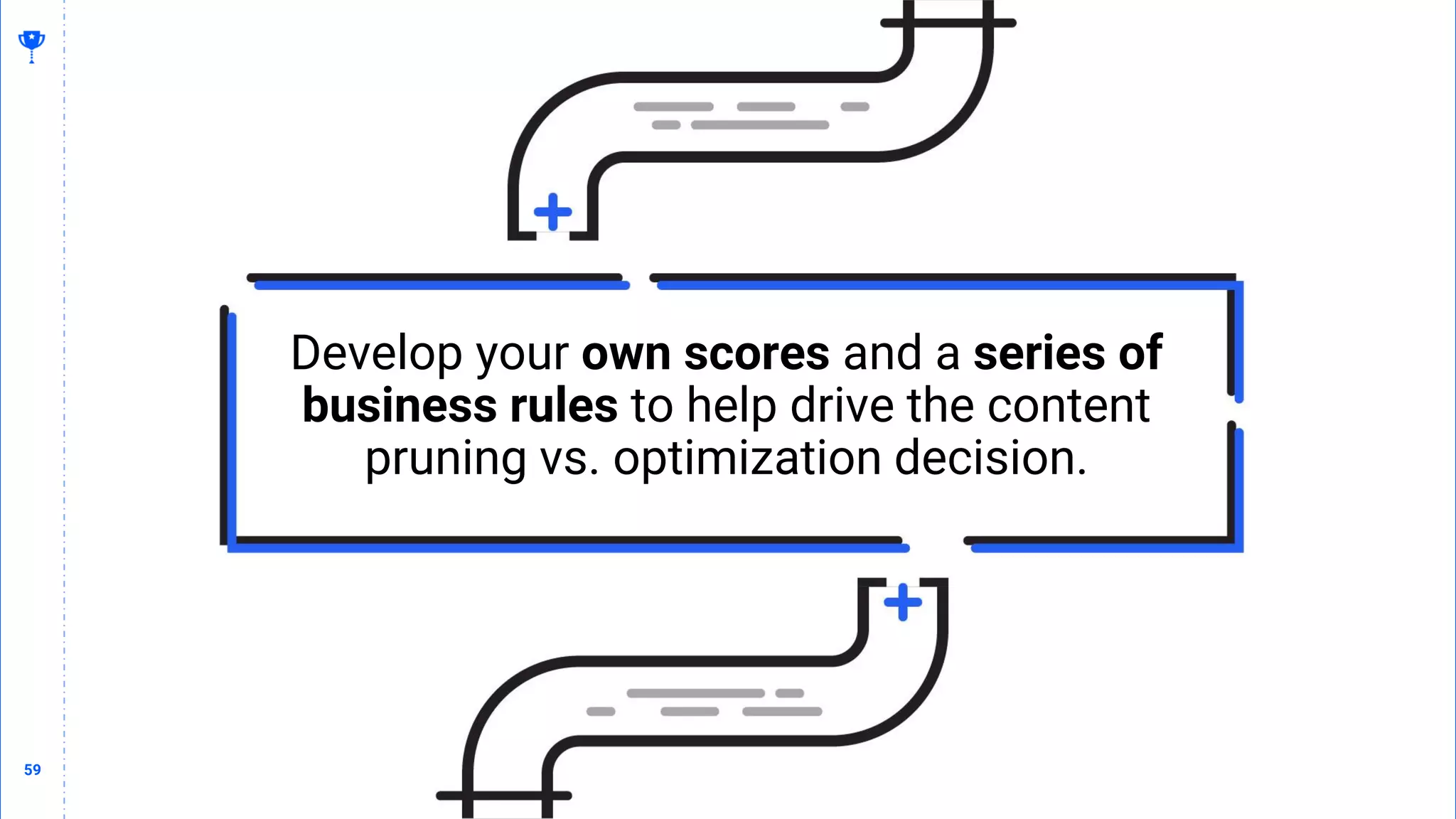 59
59
Develop your own scores and a series of
business rules to help drive the content
pruning vs. optimization decision.
 