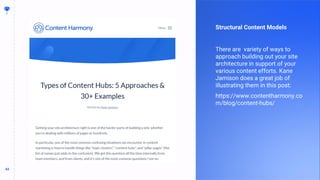 43
43
Structural Content Models
There are variety of ways to
approach building out your site
architecture in support of your
various content efforts. Kane
Jamison does a great job of
illustrating them in this post:
https://www.contentharmony.co
m/blog/content-hubs/
 