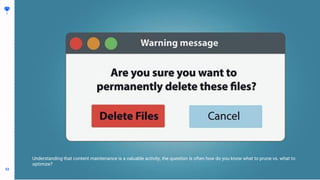 53
53
Determine What to Delete vs What to Optimize
BUILDING
THE
CONTENT
MACHINE
Whatever I’m trying to say with this slide
Understanding that content maintenance is a valuable activity, the question is often how do you know what to prune vs. what to
optimize?
 