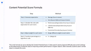 58
58
Content Potential Score Formula
BUILDING
THE
CONTENT
MACHINE
This is the formula we use to develop the Content Potential Score. It relies search volume, keyword difficulty and current rankings
as the determinant of what the value of improving content performance in Organic Search. Other channels could be used in similar
ways to compute this score.
 