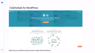 85
85
CoSchedule for WordPress
BUILDING
THE
CONTENT
MACHINE
Whatever I’m trying to say with this slide
Build out your workflows and governance models within WordPress.
 