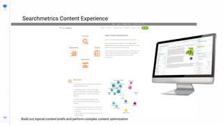 93
93
Searchmetrics Content Experience
BUILDING
THE
CONTENT
MACHINE
Whatever I’m trying to say with this slide
Build out topical content briefs and perform complex content optimization
 