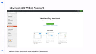 94
94
SEMRush SEO Writing Assistant
BUILDING
THE
CONTENT
MACHINE
Perform content optimization in the Google Docs environment.
 