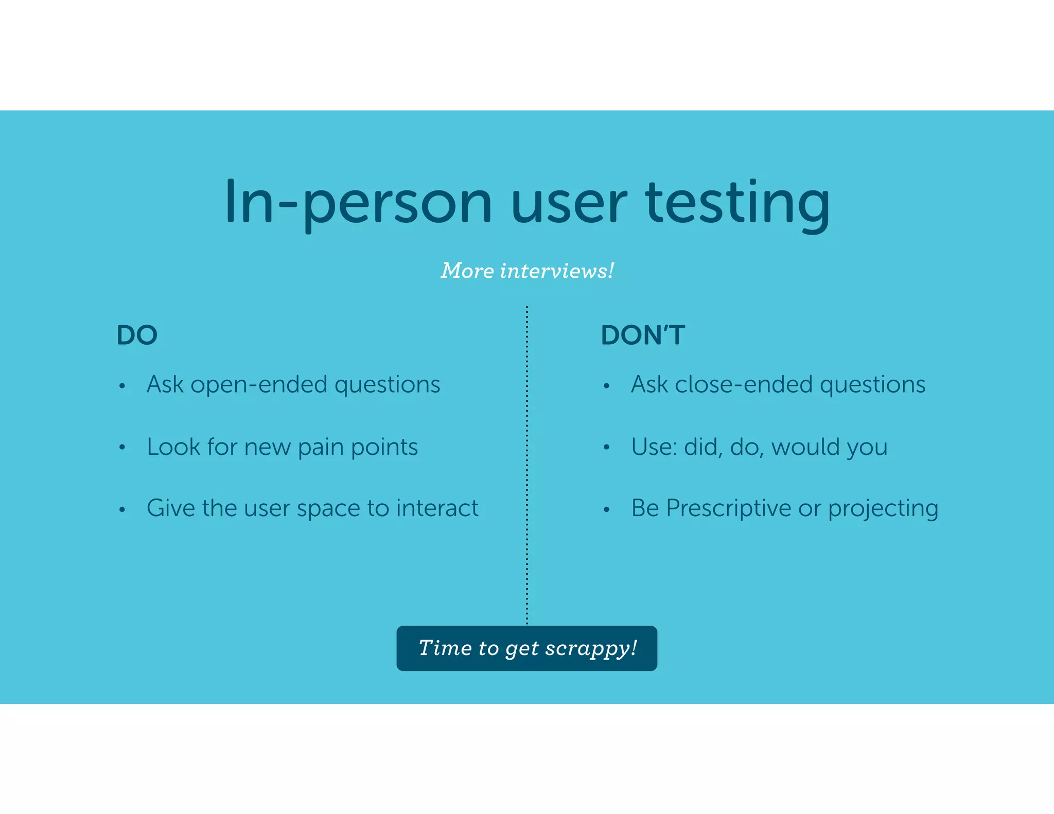 In-person user testing
• Ask open-ended questions
• Look for new pain points
• Give the user space to interact
More interviews!
• Ask close-ended questions
• Use: did, do, would you
• Be Prescriptive or projecting
DO DON’T
Time to get scrappy!
 