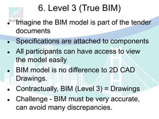 6. Level 3 (True BIM)
 Imagine the BIM model is part of the tender
documents
 Specifications are attached to components
 All participants can have access to view
the model easily
 BIM model is no difference to 2D CAD
Drawings.
 Contractually, BIM (Level 3) = Drawings
 Challenge - BIM must be very accurate,
can avoid many discrepancies.
 