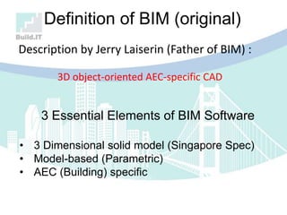 Definition of BIM (original)
Description by Jerry Laiserin (Father of BIM) :
3D object-oriented AEC-specific CAD
• 3 Dimensional solid model (Singapore Spec)
• Model-based (Parametric)
• AEC (Building) specific
3 Essential Elements of BIM Software
 