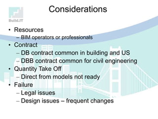 • Resources
– BIM operators or professionals
• Contract
– DB contract common in building and US
– DBB contract common for civil engineering
• Quantity Take Off
– Direct from models not ready
• Failure
– Legal issues
– Design issues – frequent changes
Considerations
 