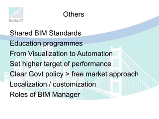Others
Shared BIM Standards
Education programmes
From Visualization to Automation
Set higher target of performance
Clear Govt policy > free market approach
Localization / customization
Roles of BIM Manager
 