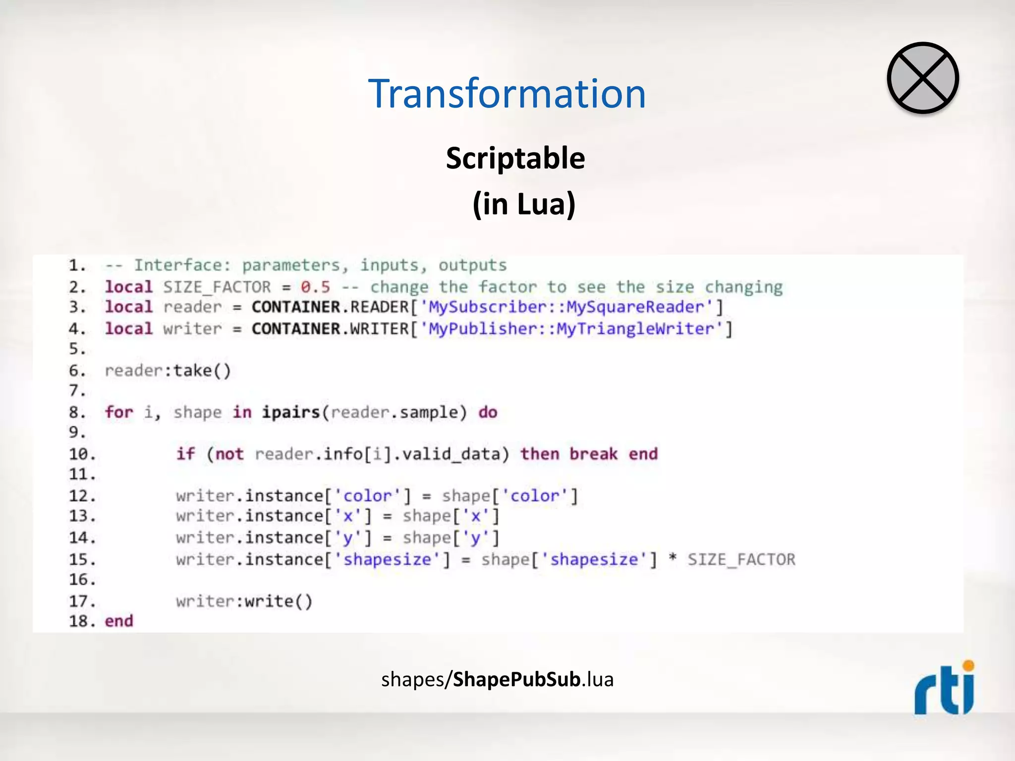 Transformation
Scriptable
(in Lua)
shapes/ShapePubSub.lua
 