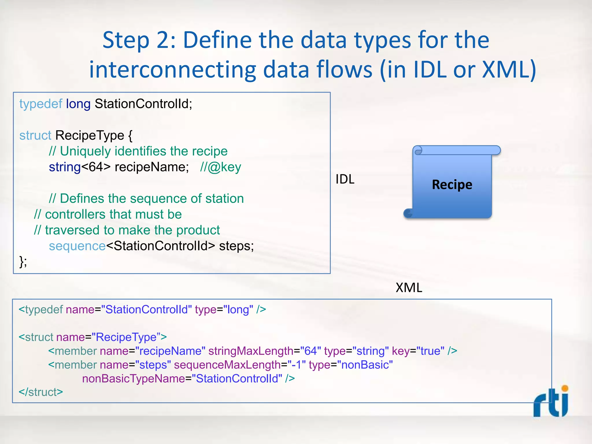 Step 2: Define the data types for the
interconnecting data flows (in IDL or XML)
Recipe
typedef long StationControlId;
struct RecipeType {
// Uniquely identifies the recipe
string<64> recipeName; //@key
// Defines the sequence of station
// controllers that must be
// traversed to make the product
sequence<StationControlId> steps;
};
<typedef name="StationControlId" type="long" />
<struct name="RecipeType”>
<member name="recipeName" stringMaxLength="64" type="string" key="true" />
<member name="steps" sequenceMaxLength="-1" type="nonBasic"
nonBasicTypeName="StationControlId" />
</struct>
XML
IDL
 