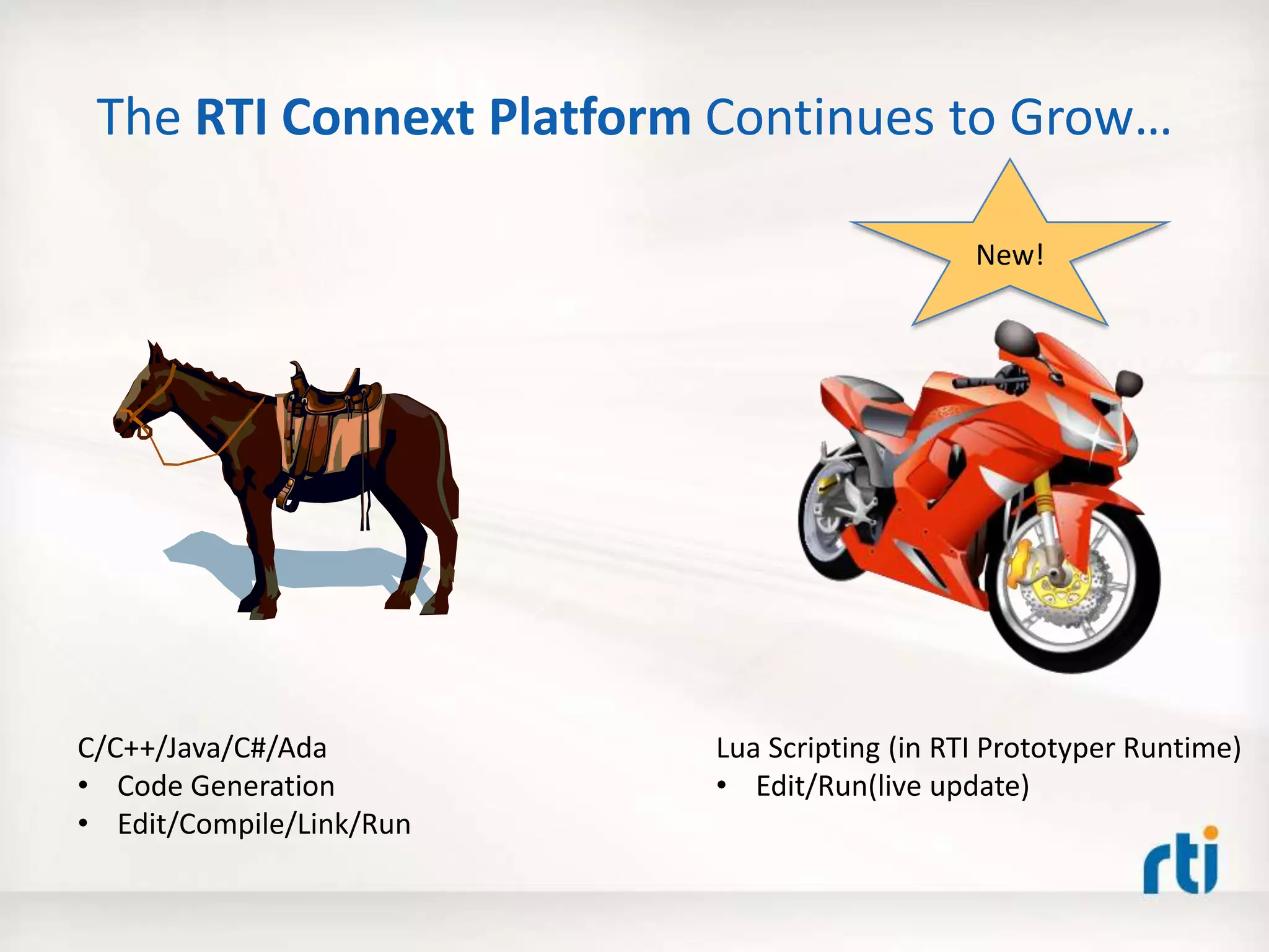 The RTI Connext Platform Continues to Grow…
C/C++/Java/C#/Ada
• Code Generation
• Edit/Compile/Link/Run
Lua Scripting (in RTI Prototyper Runtime)
• Edit/Run(live update)
New!
 