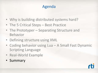 Agenda
• Why is building distributed systems hard?
• The 5 Critical Steps – Best Practice
• The Prototyper – Separating St...