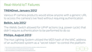 Real-World IoT Failures
TRENDnet, January 20121
Various IP camera products would allow anyone with a generic URL
to access the camera’s live feed without requiring authentication
Belkin, July 20122
The WeMo Switch allowed for UPnP actions (e.g. power cycle) that
didn’t require authentication to be performed to do so
Philips, August 20133
The Hue Lighting System utilized the MD5 hash of the MAC address
of an authorized system as a “secret token” to control the platform
1. http://console-cowboys.blogspot.com/2012/01/trendnet-cameras-i-always-feel-like.html
2. http://www.issackelly.com/blog/2012/07/30/wemo-hacking/
3. http://www.dhanjani.com/blog/2013/08/hacking-lightbulbs.html
 