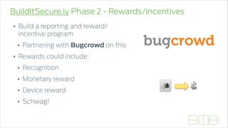 BuildItSecure.ly Phase 2 - Rewards/Incentives
• Build a reporting and reward/
incentive program
• Partnering with Bugcrowd on this
• Rewards could include:
• Recognition
• Monetary reward
• Device reward
• Schwag!
 