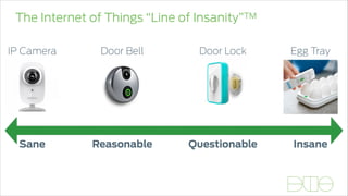The Internet of Things “Line of Insanity”TM
Sane Reasonable InsaneQuestionable
Egg TrayIP Camera Door LockDoor Bell
 