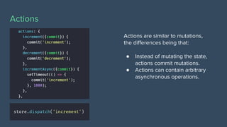 Actions
Actions are similar to mutations,
the diﬀerences being that:
● Instead of mutating the state,
actions commit mutations.
● Actions can contain arbitrary
asynchronous operations.
 