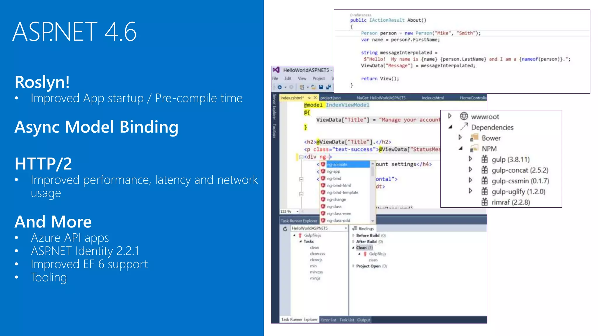 ASP.NET 4.6 • Improved App startup / Pre-compile time 
