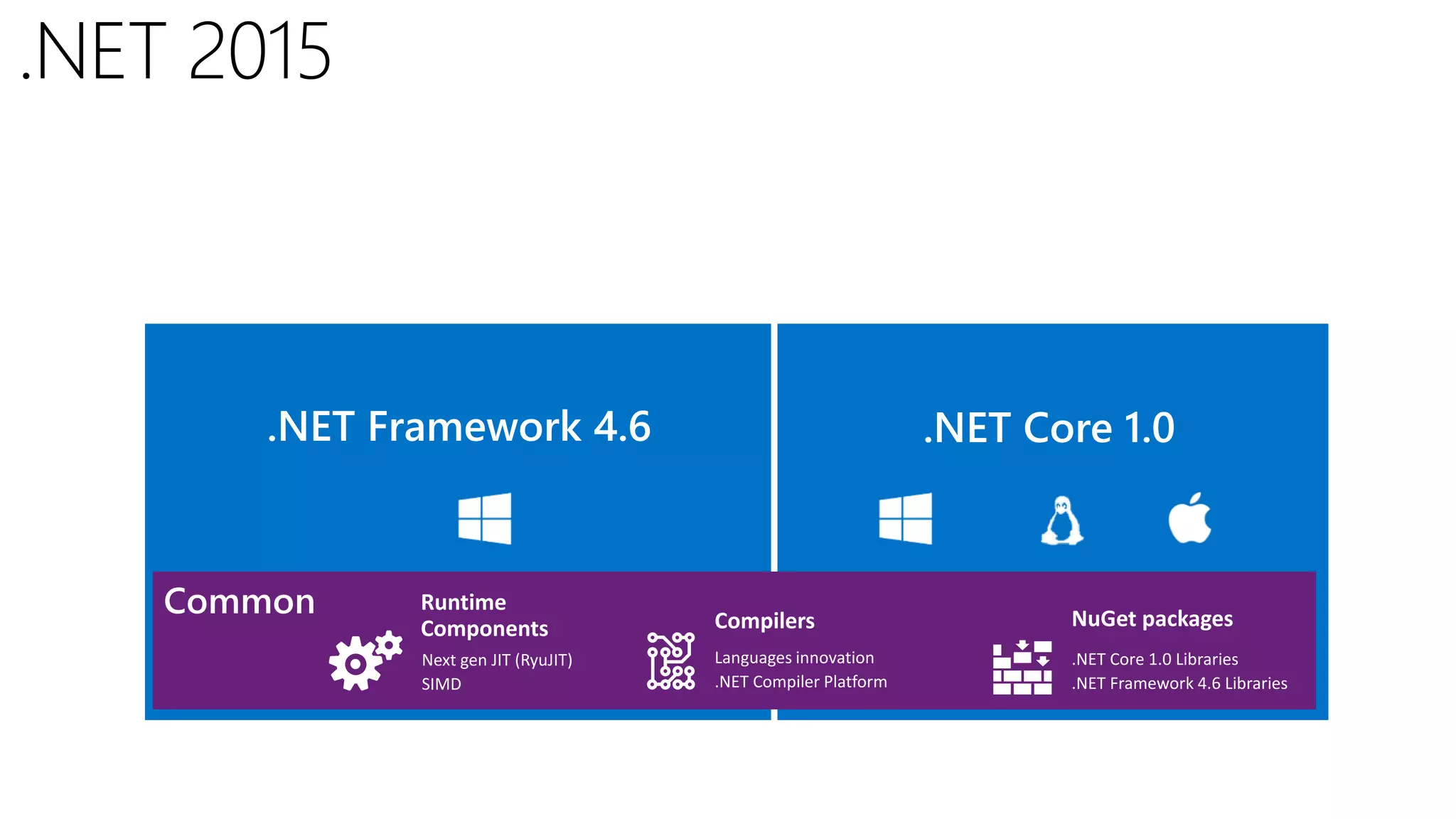 Next gen JIT (RyuJIT) SIMD Runtime Components Compilers Languages innovation .NET Compiler Platform .NET Core 1.0 Libraries .NET Framework 4.6 Libraries NuGet packages .NET Framework 4.6 .NET Core 1.0 