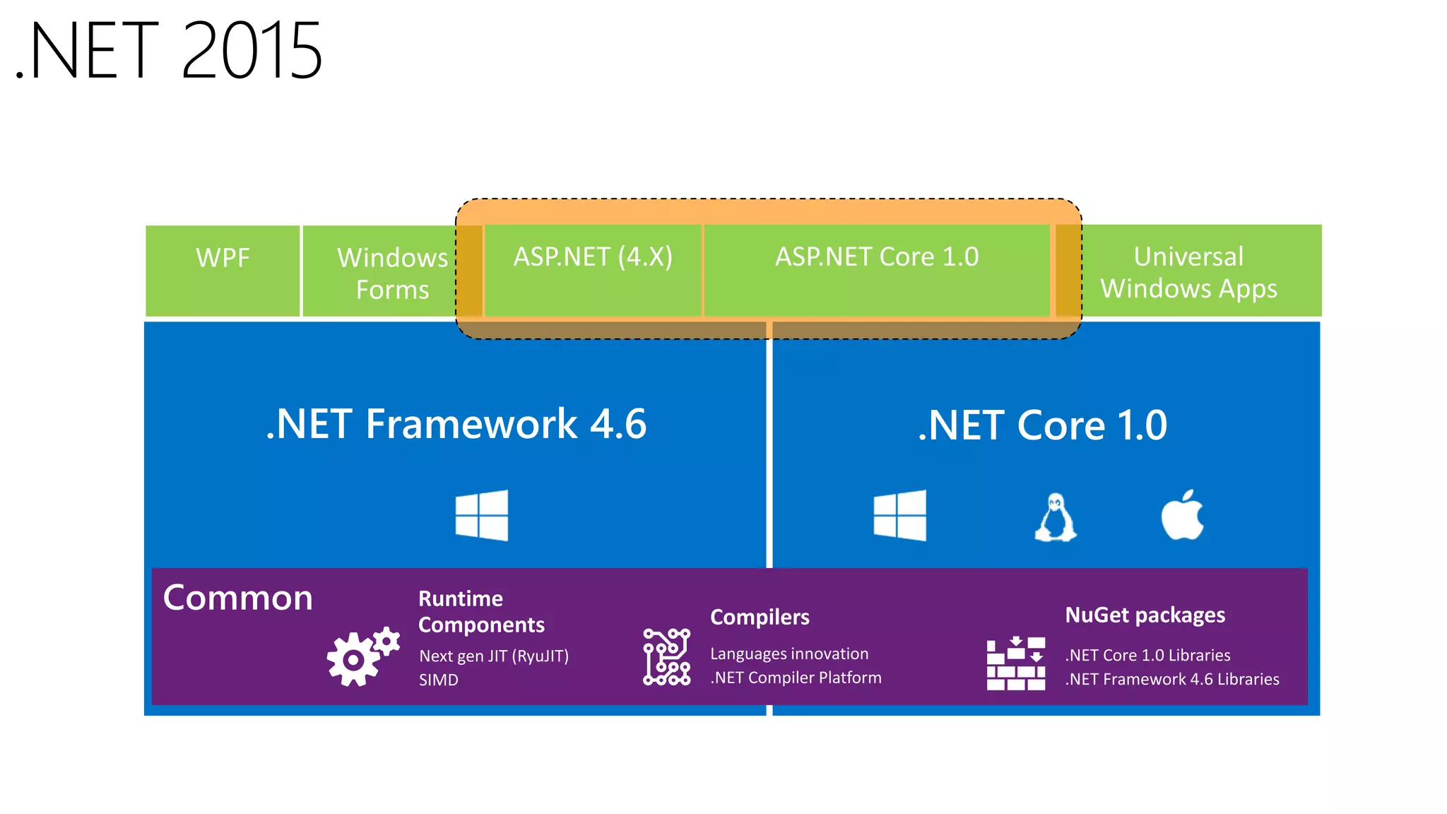 Next gen JIT (RyuJIT) SIMD Runtime Components Compilers Languages innovation .NET Compiler Platform .NET Core 1.0 Libraries .NET Framework 4.6 Libraries NuGet packages .NET Framework 4.6 .NET Core 1.0 