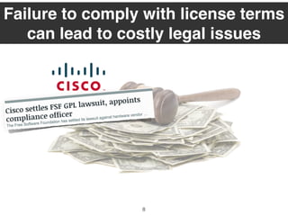 Failure to comply with license terms
can lead to costly legal issues
8
 