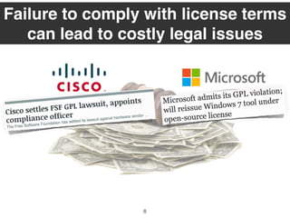 Failure to comply with license terms
can lead to costly legal issues
8
 