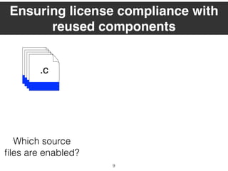 9
Which source
ﬁles are enabled?
Ensuring license compliance with
reused components
.c.c.c.c
 