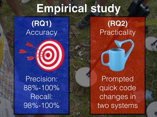 Empirical study
(RQ1)
Accuracy
Precision:
88%-100%
Recall:
98%-100%
(RQ2)
Practicality
Prompted
quick code
changes in
two systems
17
 