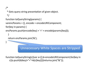 /*  * Gets query string presentation of given object.  */function toQueryString(params) {varencParams = [], encode = encodeURIComponent;for(key in params) {encParams.push(encode(key) + '=' + encode(params[key]));    }    return encParams.join('&');}function toQueryString(c){var a=[],b=encodeURIComponent;for(key in c){a.push(b(key)+"="+b(c[key]))}returna.join("&")};Unnecessary White Spaces are Stripped