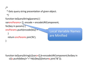 /*  * Gets query string presentation of given object.  */function toQueryString(params) {varencParams= [], encode = encodeURIComponent;for(key in params) {encParams.push(encode(key) + '=' + encode(params[key]));    }    return encParams.join('&');}function toQueryString(c){vara=[],b=encodeURIComponent;for(key in c){a.push(b(key)+"="+b(c[key]))}returna.join("&")};Local Variable Names are Minified