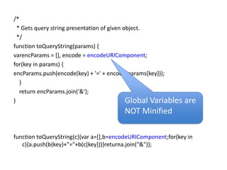 /*  * Gets query string presentation of given object.  */function toQueryString(params) {varencParams = [], encode = encodeURIComponent;for(key in params) {encParams.push(encode(key) + '=' + encode(params[key]));    }    return encParams.join('&');}function toQueryString(c){var a=[],b=encodeURIComponent;for(key in c){a.push(b(key)+"="+b(c[key]))}returna.join("&")};Global Variables are NOT Minified