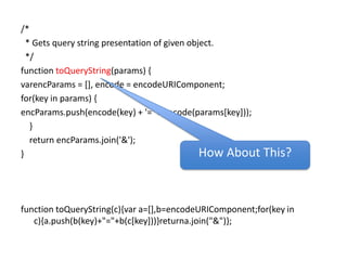 /*  * Gets query string presentation of given object.  */function toQueryString(params) {varencParams = [], encode = encodeURIComponent;for(key in params) {encParams.push(encode(key) + '=' + encode(params[key]));    }    return encParams.join('&');}function toQueryString(c){var a=[],b=encodeURIComponent;for(key in c){a.push(b(key)+"="+b(c[key]))}returna.join("&")};How About This?