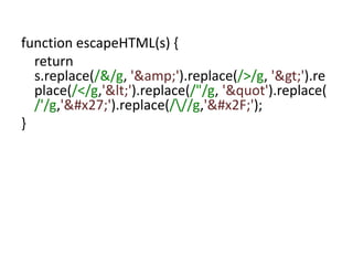 function escapeHTML(s) {	return s.replace(/&/g, '&amp;').replace(/>/g, '>').replace(/</g,'<').replace(/"/g, '&quot').replace(/'/g,''').replace(/\//g,'/');}