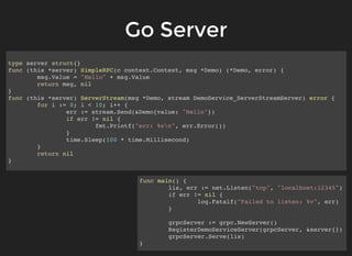 Go ServerGo Server
type server struct{}
func (this *server) SimpleRPC(c context.Context, msg *Demo) (*Demo, error) {
msg.Value = "Hello" + msg.Value
return msg, nil
}
func (this *server) ServerStream(msg *Demo, stream DemoService_ServerStreamServer) error {
for i := 0; i < 10; i++ {
err := stream.Send(&Demo{value: "Hello"})
if err != nil {
fmt.Printf("err: %sn", err.Error())
}
time.Sleep(100 * time.Millisecond)
}
return nil
}
func main() {
lis, err := net.Listen("tcp", "localhost:12345")
if err != nil {
log.Fatalf("Failed to listen: %v", err)
}
grpcServer := grpc.NewServer()
RegisterDemoServiceServer(grpcServer, &server{})
grpcServer.Serve(lis)
}
 