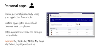 Enable personal productivity using
your app in the Teams hub
Surface aggregated content and
personal task completion
Offer a complete experience through
bot and tabs
Example: My Tasks, My Notes, My Bugs,
My Tickets, My Open Positions
 
