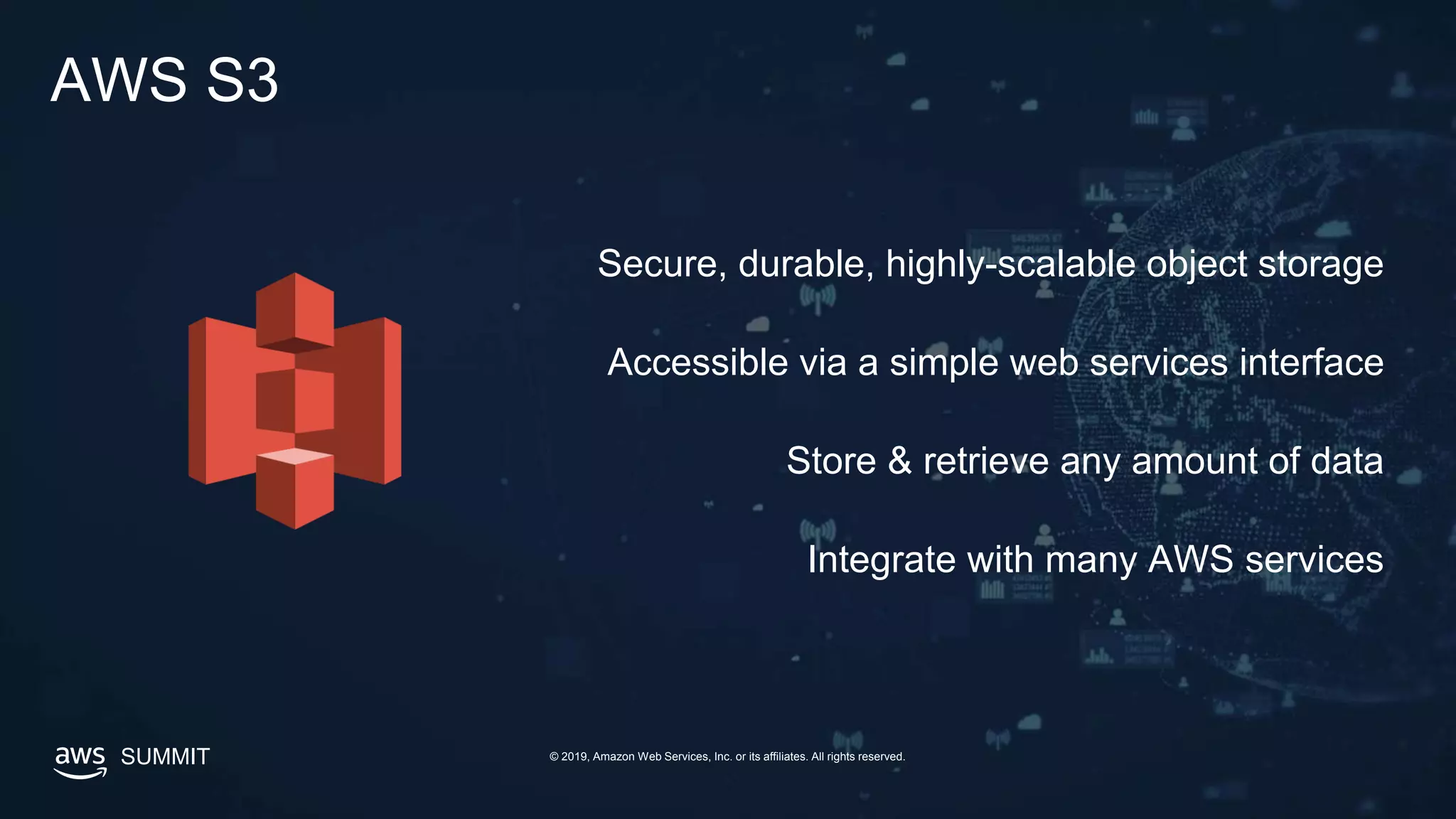 SUMMIT © 2019, Amazon Web Services, Inc. or its affiliates. All rights reserved.
AWS S3
Secure, durable, highly-scalable object storage
Accessible via a simple web services interface
Store & retrieve any amount of data
Integrate with many AWS services
 